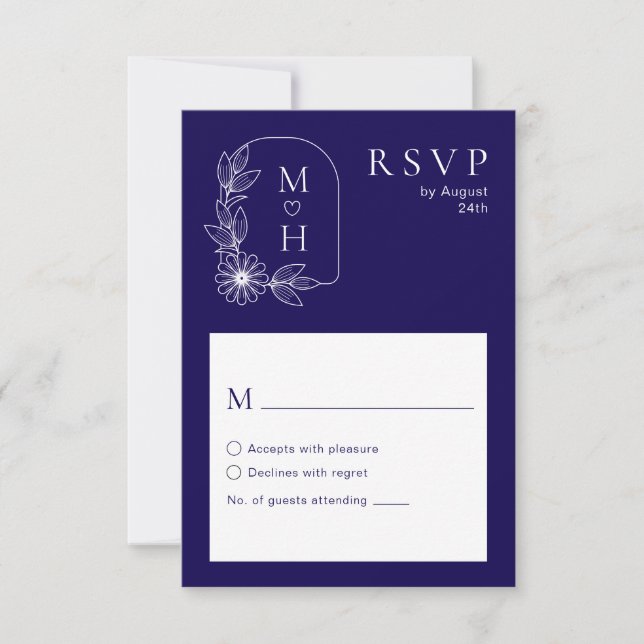 Boho Leaf Monogram Stylish Blue and White Wedding RSVP Card (Front)