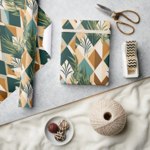 Boho Leaves and Geometric Shapes Wrapping Paper