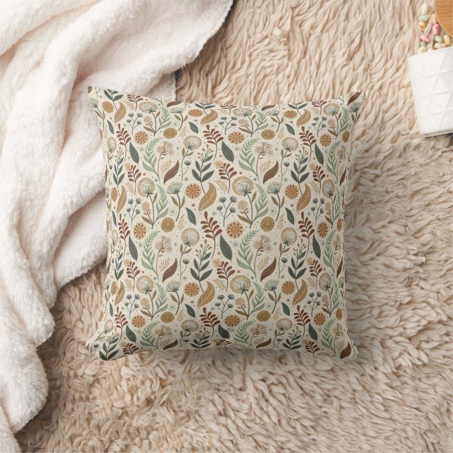 Boho Leaves Botanical Brown Green Terracotta Beige Cushion (Blanket)