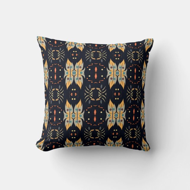 Boho Leaves mustard yellow and blue Cushion (Front)