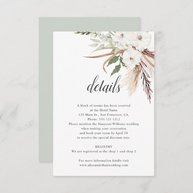 Boho Leaves Pampa Grass Wedding Details Enclosure Card (Front/Back)