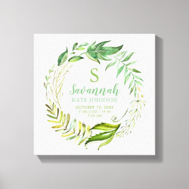 Boho Leaves Personalised Baby Birth Stats Canvas Print (Front)