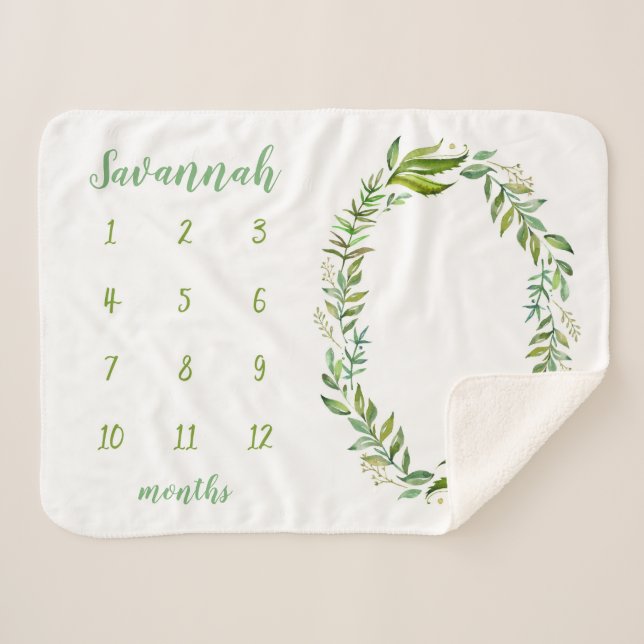 Boho Leaves Personalised Baby Milestone Photo Sherpa Blanket (Front (Horizontal))