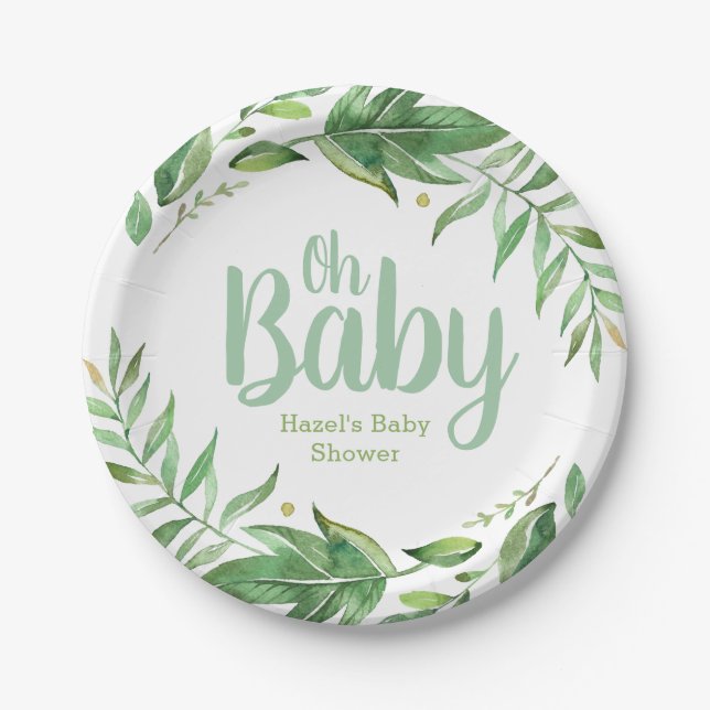 Boho Leaves Personalised Baby Shower Paper Plate (Front)