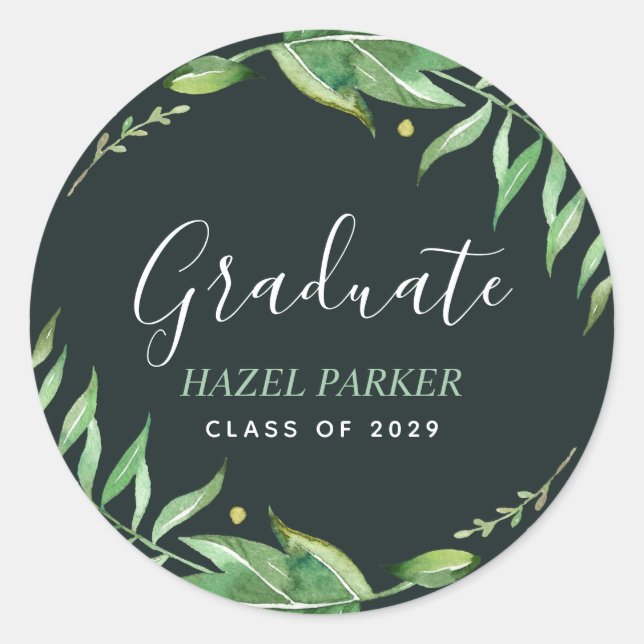 Boho Leaves Personalised Graduation Classic Round Sticker (Front)