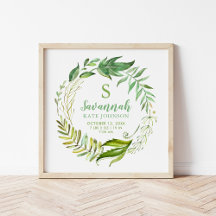 Boho Leaves Personalized Baby Birth Stats