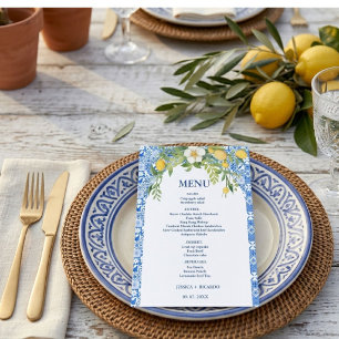 Boho Lemon Blue Mediterranean tile Italian Wedding Menu