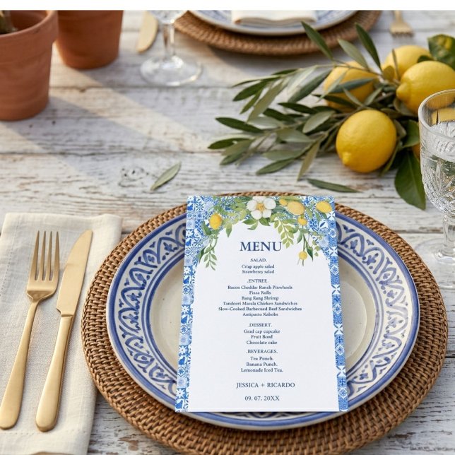 Boho Lemon Blue Mediterranean tile Italian Wedding Menu (Creator Uploaded)