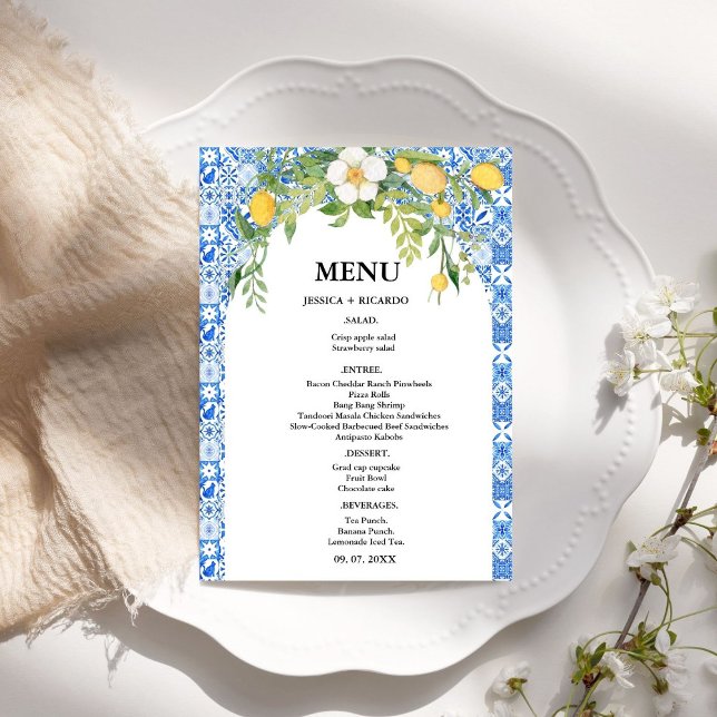 Boho Lemon Blue Mediterranean tile Italian Wedding Menu (Creator Uploaded)