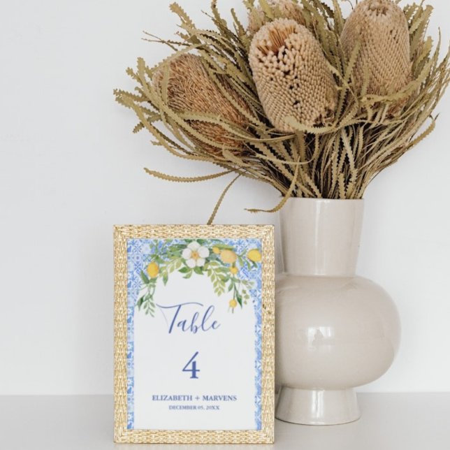 Boho Lemon Blue Mediterranean tile Italian Wedding Table Number (Creator Uploaded)