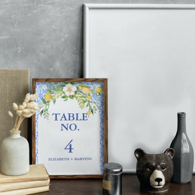 Boho Lemon Blue Mediterranean tile Italian Wedding Table Number (Creator Uploaded)