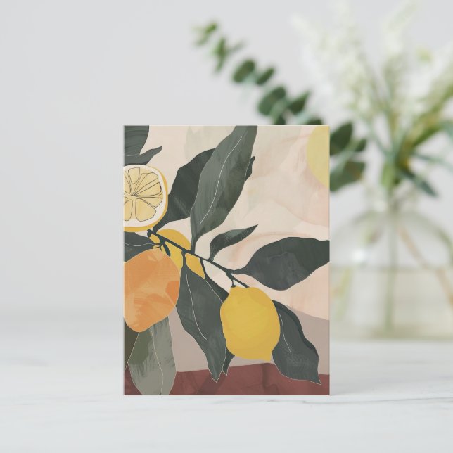 Boho Lemon Branch with Sun Abstract Fruit Artwork Postcard (Standing Front)