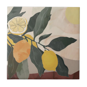 Boho Lemon Branch with Sun Abstract Fruit Artwork Tile