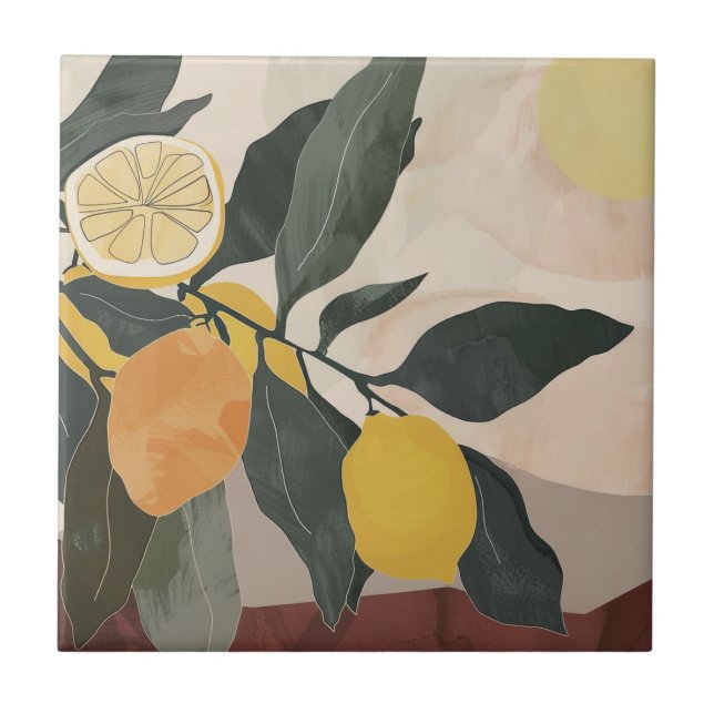 Boho Lemon Branch with Sun Abstract Fruit Artwork Tile (Front)