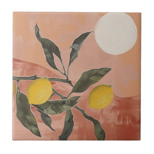 Boho Lemon Branch with Sun Minimalist Abstract (2) Tile