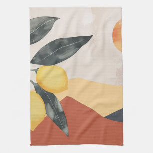 Boho Lemon Branch with Sun Minimalist Abstract Tea Towel
