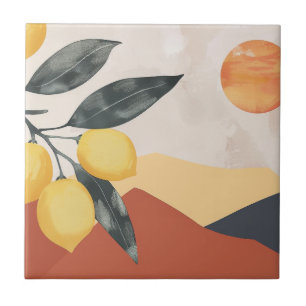 Boho Lemon Branch with Sun Minimalist Abstract Tile