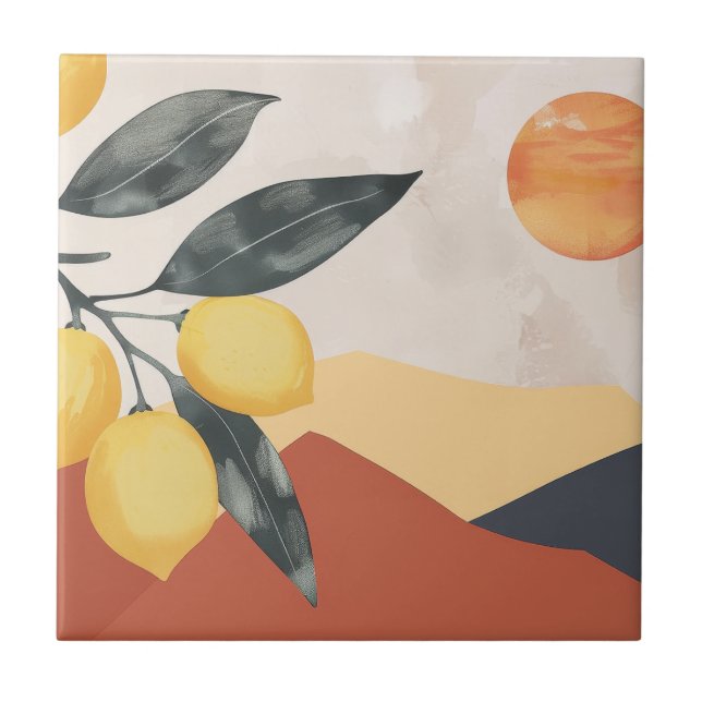 Boho Lemon Branch with Sun Minimalist Abstract Tile (Front)