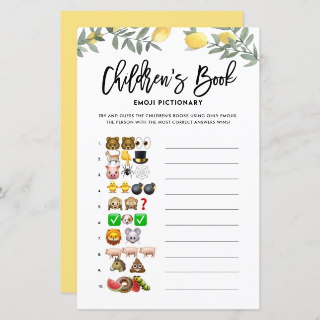 Boho Lemon Emoji Pictionary Books Baby Shower Game (Front/Back)