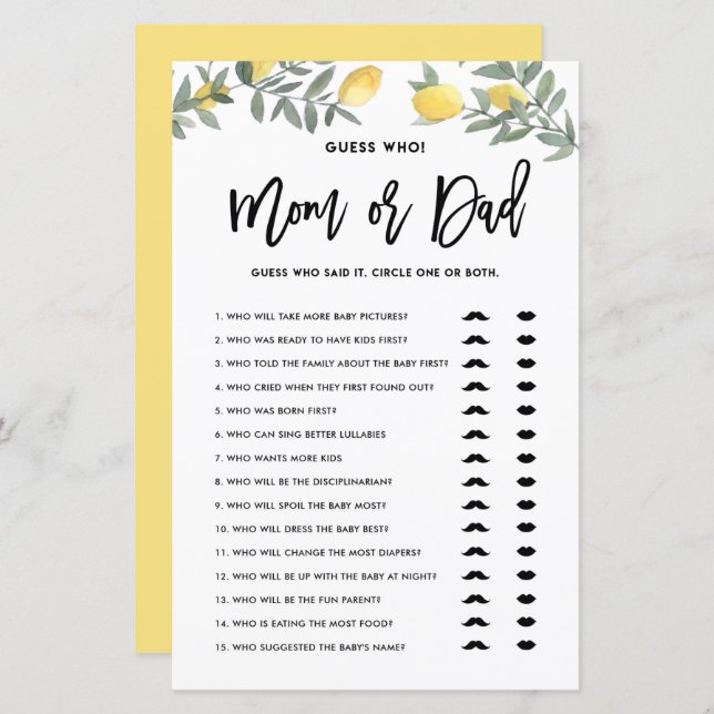 Boho Lemon Guess Who Mum or Dad Baby Shower Game (Front/Back)