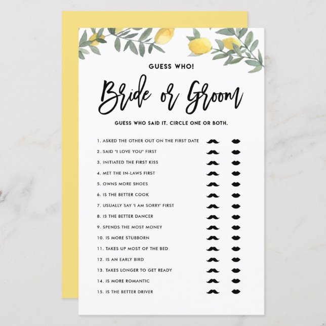 Boho Lemon He Said She Said Bridal Shower Game (Front/Back)
