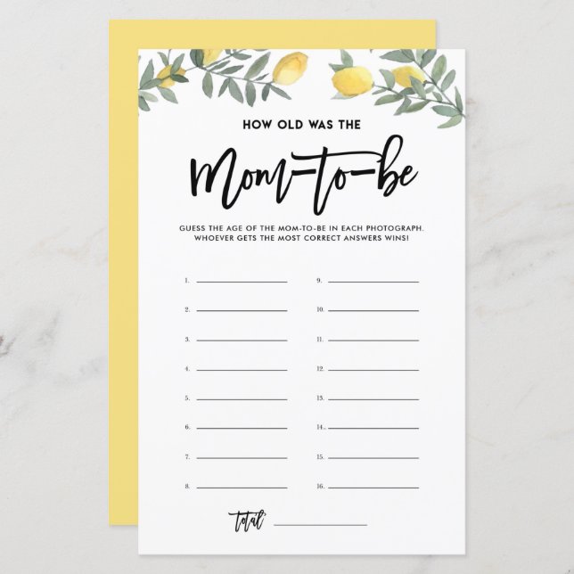 Boho Lemon How Old Was Mum Photos Baby Shower Game (Front/Back)
