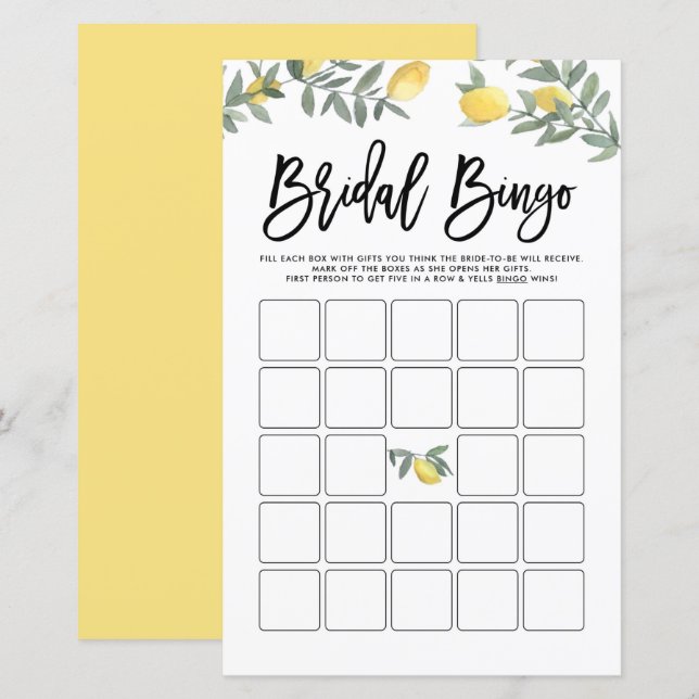 Boho Lemon Summer Bridal Shower Bingo Game Card (Front/Back)