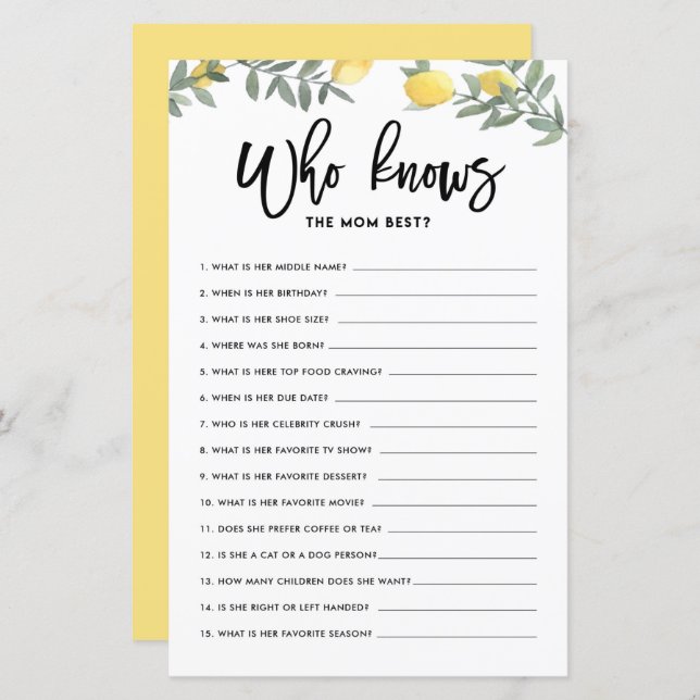 Boho Lemon Who Knows Mum The Best Baby Shower Game (Front/Back)