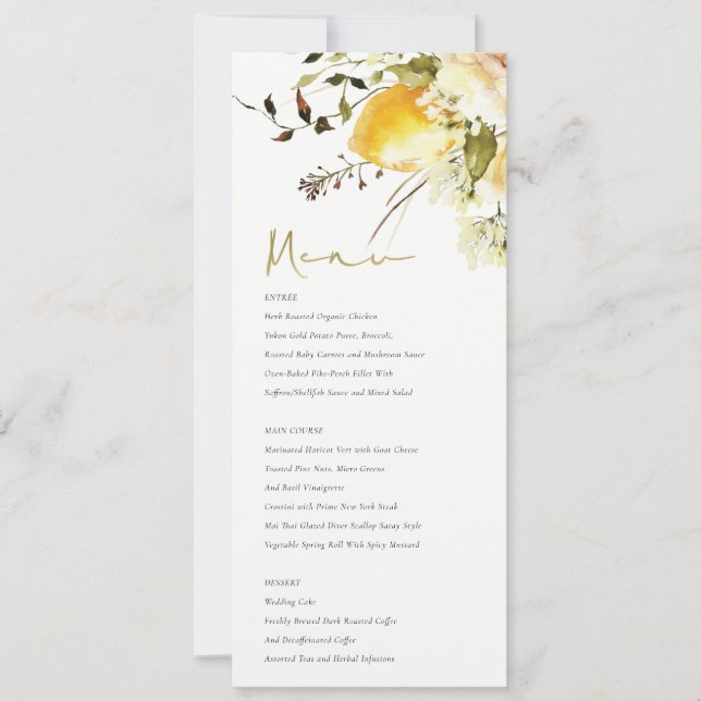 Boho Lemon Yellow Floral Wedding Menu Card (Front)