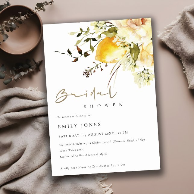 Boho Lemon Yellow Watercolor Floral Bridal Shower Invitation (Creator Uploaded)