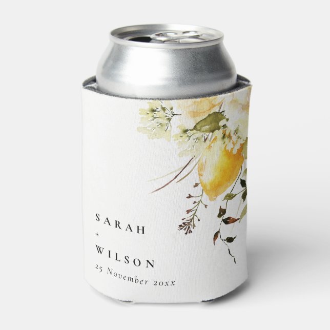 Boho Lemon Yellow Watercolor Floral Wedding Can Cooler (Can Front)