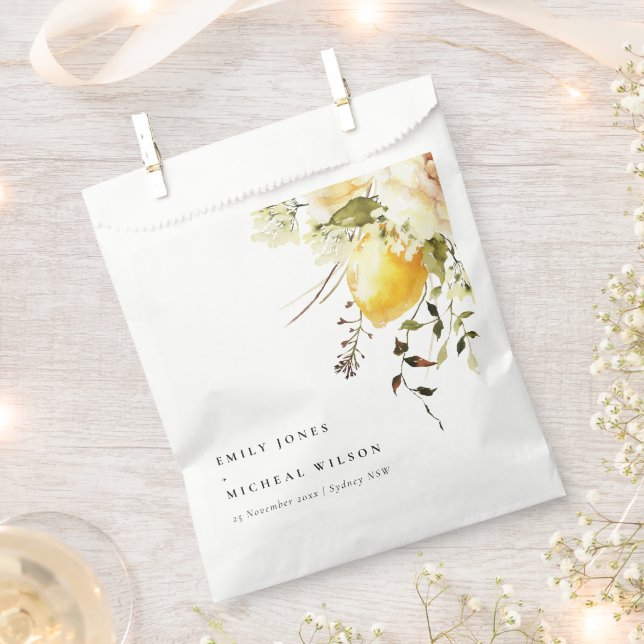 Boho Lemon Yellow Watercolor Floral Wedding Favour Bags (Clipped)