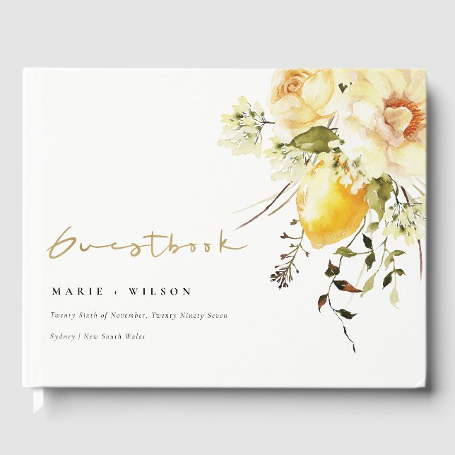 Boho Lemon Yellow Watercolor Floral Wedding Guest Book (Front)