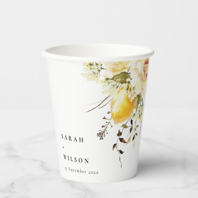 Boho Lemon Yellow Watercolor Floral Wedding Paper Cups (Front)