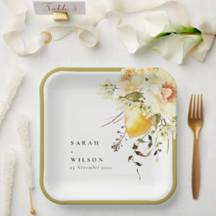 Boho Lemon Yellow Watercolor Floral Wedding Paper Plate