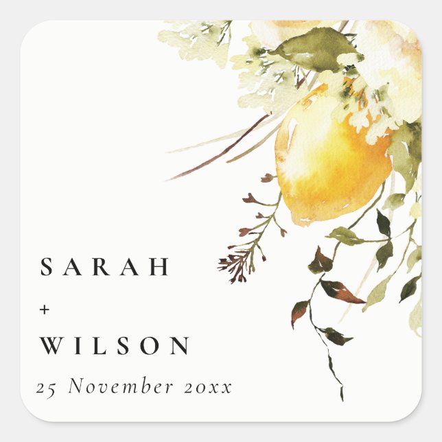 Boho Lemon Yellow Watercolor Floral Wedding Square Sticker (Front)