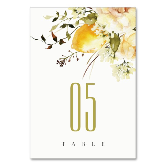 Boho Lemon Yellow Watercolor Floral Wedding Table Number (Front)