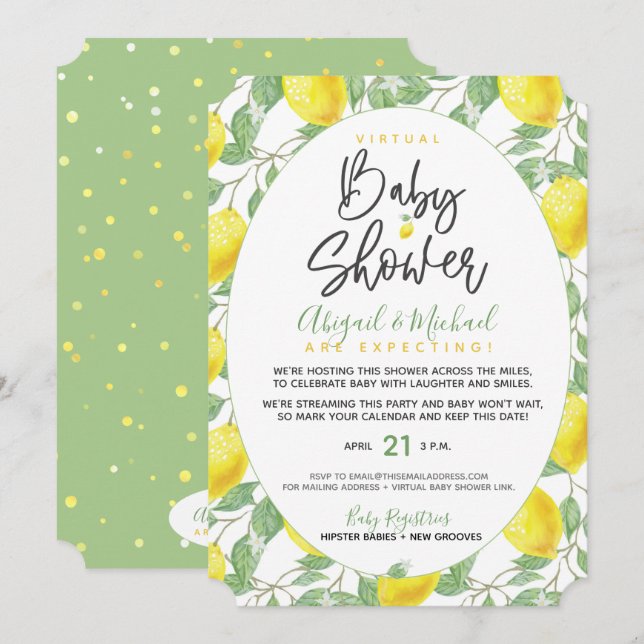 Boho Lemons Gender-Neutral Virtual Baby Shower Invitation (Front/Back)