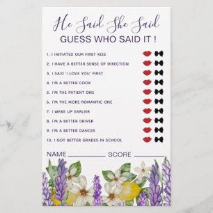Boho Lemons & Lavender He Said She Said Game  Flyer