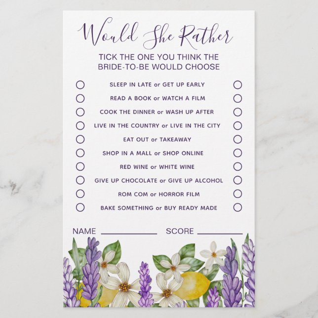 Boho Lemons & Lavender Would She Rather Game  Flyer (Front)