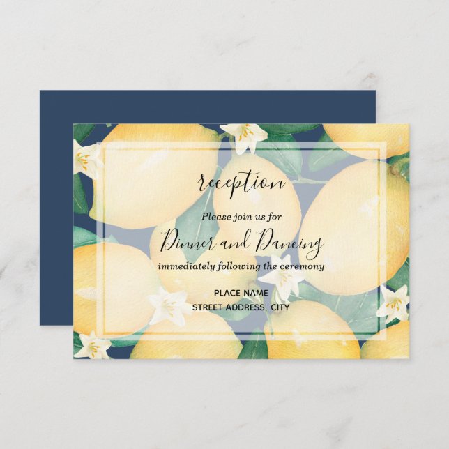 Boho Lemons on Navy Blue Leaves Wedding Reception Enclosure Card (Front/Back)
