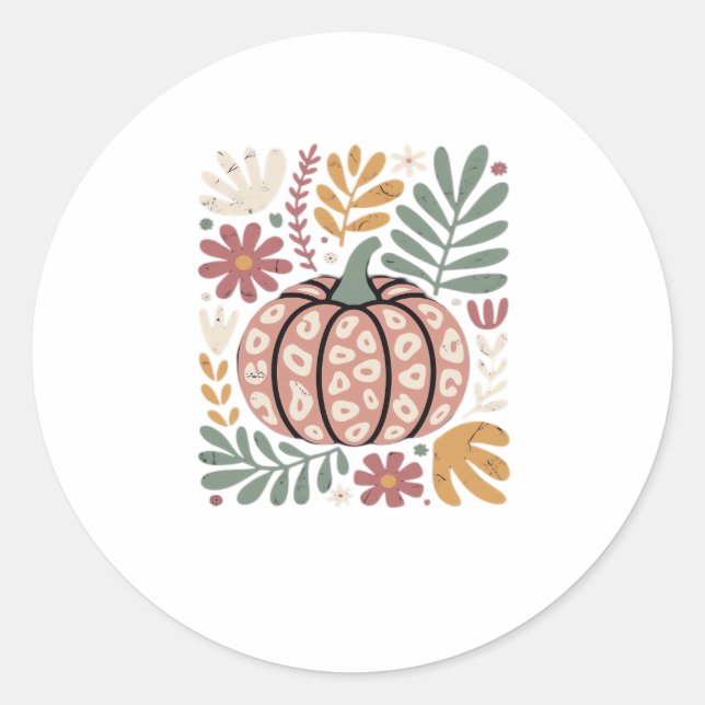Boho Leopard Pumpkin Fall � Retro Autumn Floral Ha Classic Round Sticker (Front)