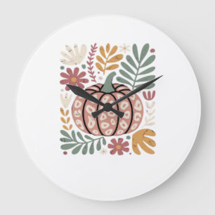 Boho Leopard Pumpkin Fall � Retro Autumn Floral Ha Large Clock