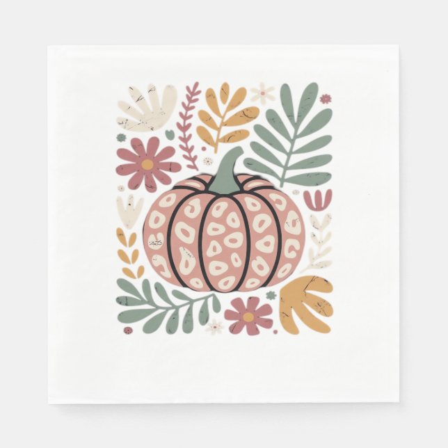 Boho Leopard Pumpkin Fall � Retro Autumn Floral Ha Napkin (Front)