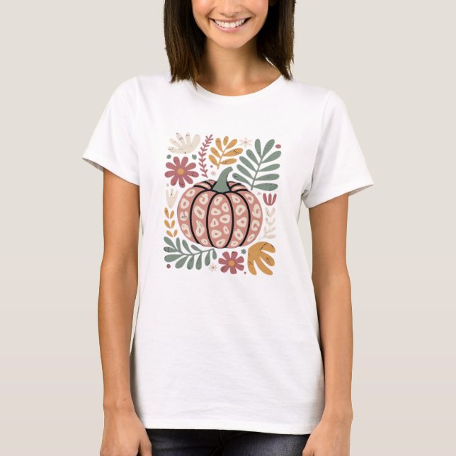 Boho Leopard Pumpkin Fall � Retro Autumn Floral Ha T-Shirt (Front)