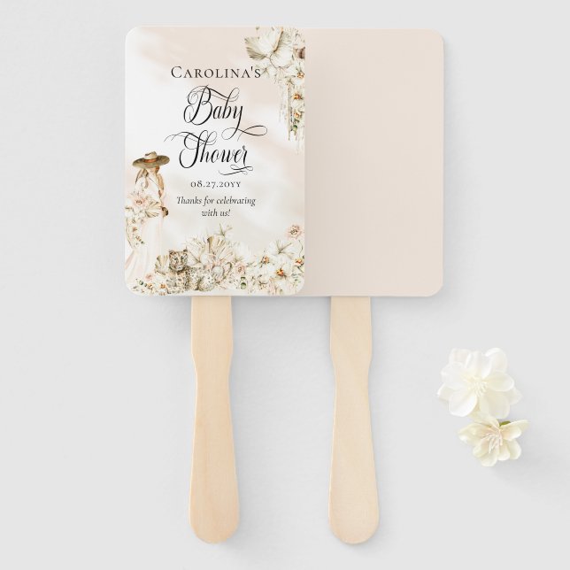 Boho Leopard | Woman Tropical Floral Baby Shower Hand Fan (Front and Back)