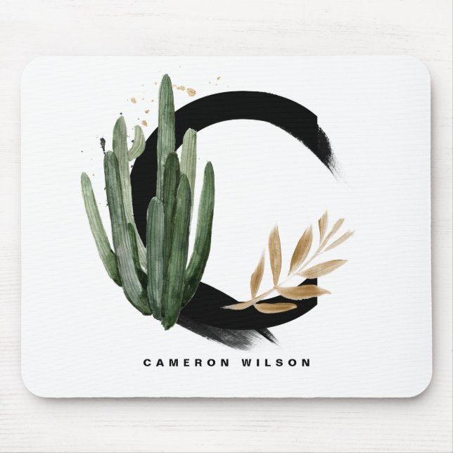 Boho Letter C Monogram Watercolor Tropical Cactus Mouse Mat (Front)