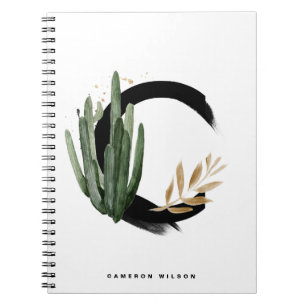 Boho Letter C Monogram Watercolor Tropical Cactus Notebook