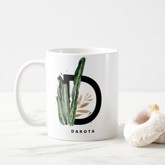 Boho Letter D Monogram | Tropical Cactus Monogram Coffee Mug (With Donut)