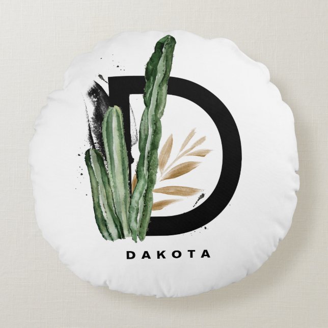 Boho Letter D Monogram | Tropical Cactus Monogram Round Cushion (Front)